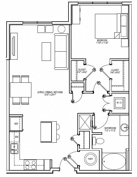 Floor plan for 1 bed, 1 bath, 840 sqft